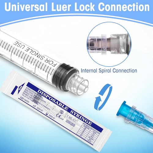50Pack 5ml/cc Luer Lock Syringe without Needle, Plastic Syringe with Caps for Liquid, Sterile Individually Wrapped