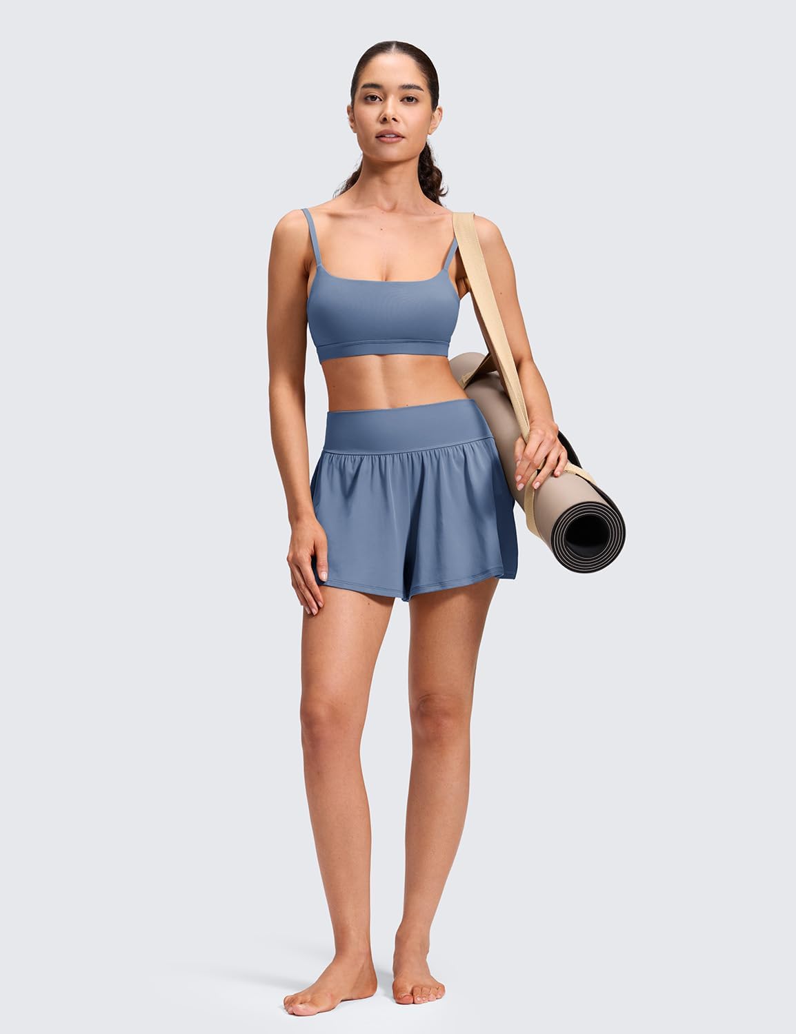CRZ YOGA Softretch 2 in 1 Flowy Shorts for Women - High Waisted Causal Yoga Lounge Workout with Pockets Washed Denim Medium
