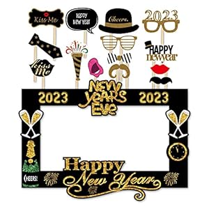 SWYOUN 14PCS Glitter 2023 Happy New Year’s Eve Party Photo Booth Props Supplies with Photo Frame
