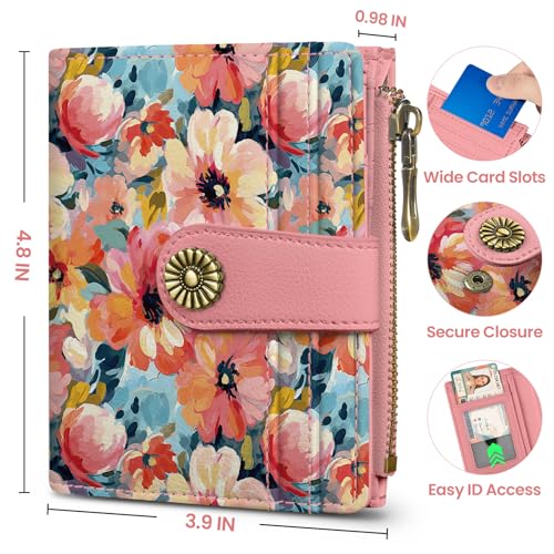 Image of Small Wallet for Women, RFID Blocking Bifold Card Holder Wallet with 10 Card Slots, Cash Compartment, Zipper Coin Pocket & ID Window, Cute Soft Vegan Leather Compact Wallet, Pastel Garden