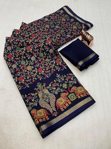Image of Kalamkari Floral Prints Dola Silk Saree With Rich Zari Border Designer Pallu Attach Blouse Piece