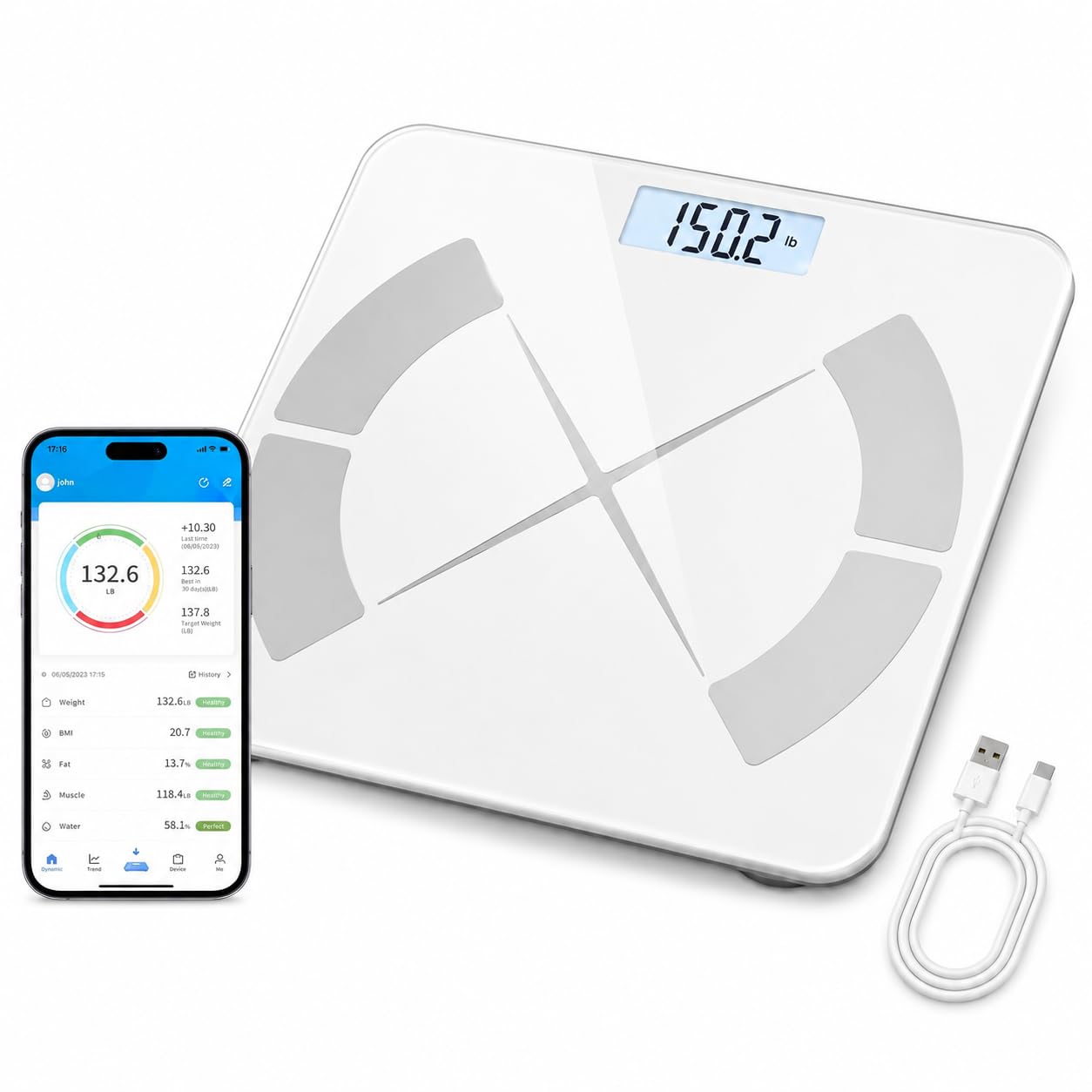 Báscula corporal inteligente – Báscula de baño Bluetooth con 18 métricas corporales y seguimiento de tendencia, diseño de haz en I grueso, vidrio templado grande, capacidad de 400 libras