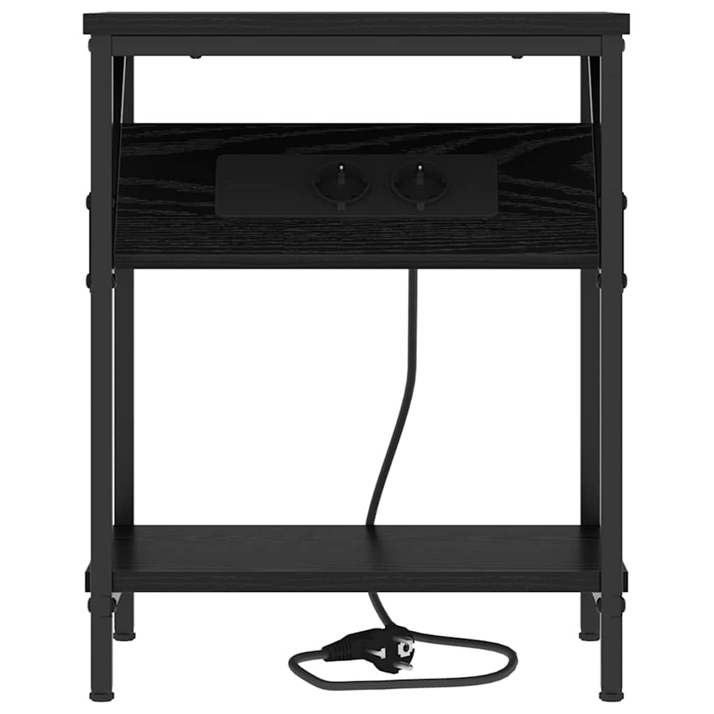 Mesa de Noche Moderna con Estantería Integrada y Fuente de Poder, Diseño Rectangular con Patas de Acero Negro, Superficie de Madera Resistente para Dormitorio Contemporáneo