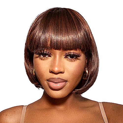 ToyoTress Brown Highlight Bob Wigs With Bangs - 10 Inch