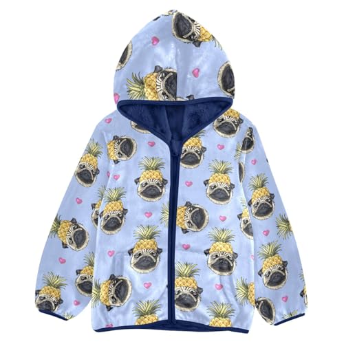 Pug Dog in A Gold Pineapple Crown Girls Fleece Jacket Girls Fall Jacket Girls Zip Up Hoodie Girls Sherpa Jacket 2-10T