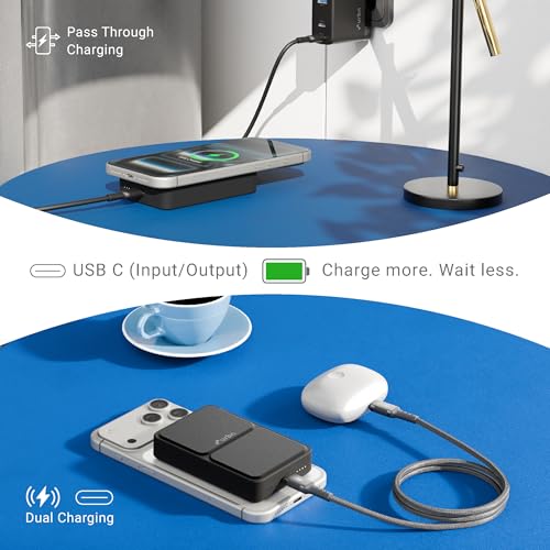 Image of URBN 10000 mAh Stand Magsafe Power Bank with Foldable Stand | 15W Fast Wireless Charging |Strong Magnetic Hold | Type C Input /Output | Pass Through Charging | MagTag Ring Included | (Black)
