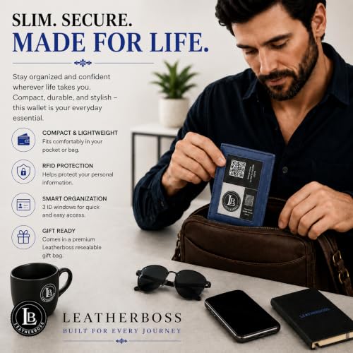 Image of LB LEATHERBOSS Slim Thin Leather Credit Card Triple ID Window Mini Wallet Bifold Driver License Safe (Blue)