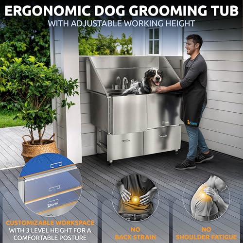 Image of KANIS Professional Dog Washing Station 304 Stainless Steel Pet Wash Sink & Grooming Bathtub w /Shower, Floor Grates and Storage for Large, Medium & Small Pets (Silver, 50 Inches, Left Ramp, 2 Drawers)