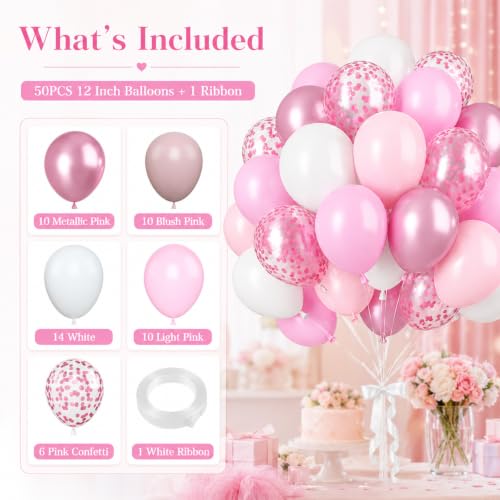 Image of Biapian Pink & White Metallic Chrome Confetti Latex Balloons - 12 Inch Ribbon Party Balloons Set for Girls' Birthday Princess Parties