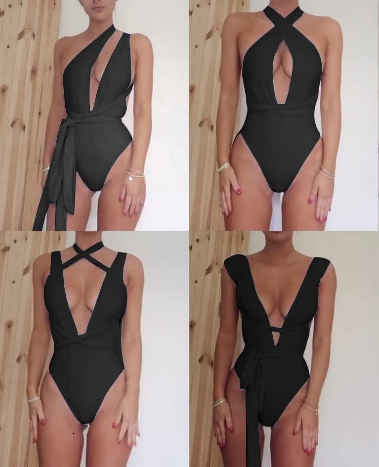 Image of Lilosy Sexy Tie Criss Cross Plunge One Piece Thong Swimsuit High Cut Brazilian Bathing Suit