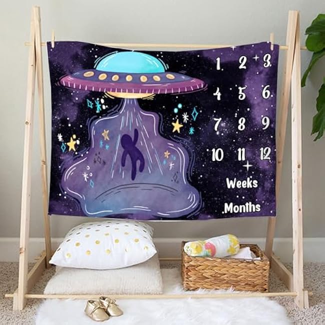 UFO Baby Monthly Milestone Blanket, 48x40in Soft Flannel, Alien Round Spaceship, Newborn Mom Gifts, Baby Shower Age Growth Tracker with Bonus Maker BTLSSS52