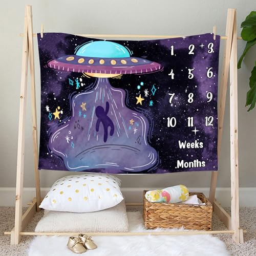 Image of UFO Baby Monthly Milestone Blanket Spaceship, Purple Galaxy, 48x40in | Soft Flannel, Alien Spaceships, Newborn Mom Gifts, Baby Shower Age Growth Tracker with Bonus Maker, Photography Props