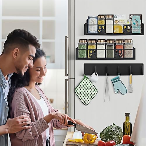 Image of Magnetic Spice Rack for Refrigerator,Spice Organizer for Kitchen,Seasoning Organizer Rack,Magnetic Shelf with Hooks,Strong Magnet,Moveable,No Drilling(3 Pack,Black,Owl)