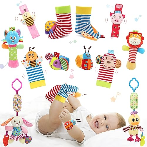 Newborn Baby Soft Rattle, Hand Bracelet Wrist Rattle Toy Foot Finder Sock, Baby Hanging Rattles Toys, Newborn Crib Toys Car Seat Stroller Toys for Infant (MB-12 PCS)