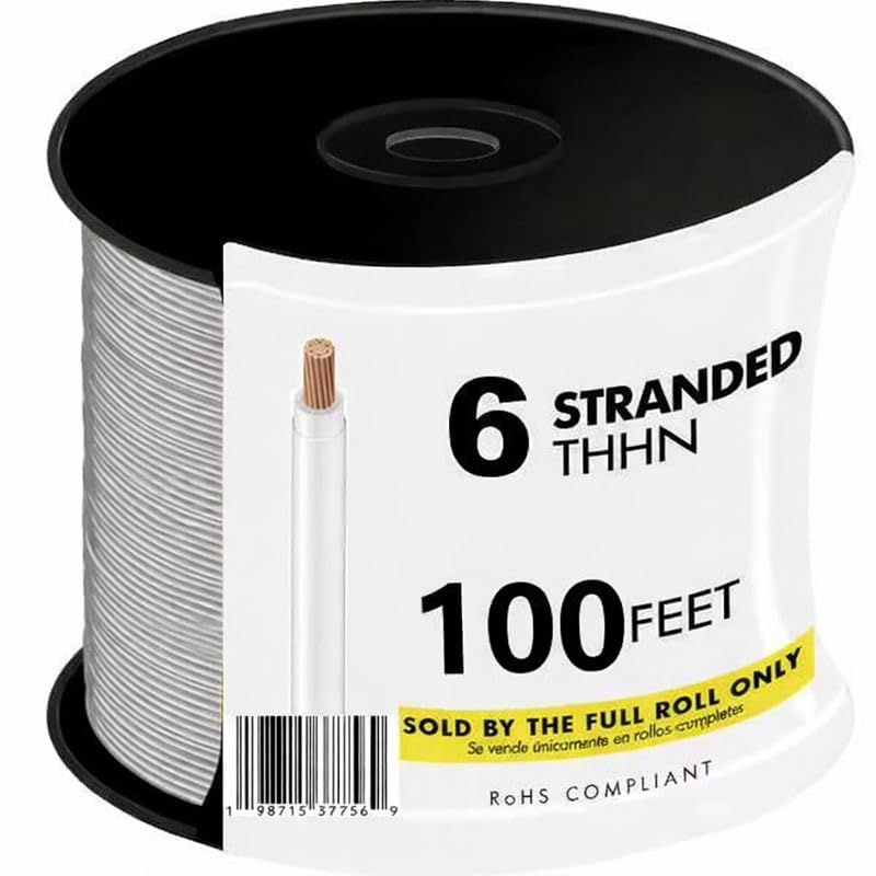 100 FEET 6 AWG 19-Stranded THHN-THWN-2 Copper Building Wire, White Jacket.