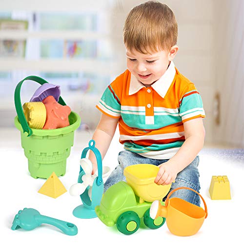 GobiDex Ready Beach Bag,20 Funky Beach Sand Toys Set – Phthalates and BPA Free – Sandbox Toys for Toddlers 36 m+, Green Bucket,Colorful Shovels, Rakes, Watering Can, Molds