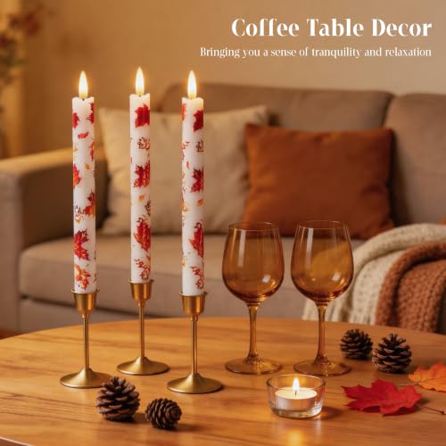 Image of JOIONE Maple Leaf Flameless Taper Candles with Remote, 3 Pack Fall Decor | Battery Operated LED, Maple Leaf Design, Real Wax, Remote Control, Warm Flickering Glow, Safe Fall Home & Party Decor