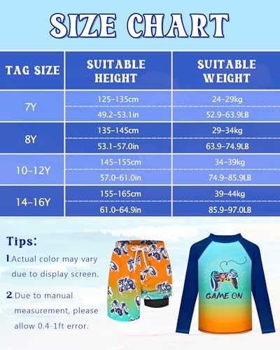 Image of Boys Rash Guard Swim Set with Swim Trunks Bathing Suit Long Sleeve Swim Shirt Quick Dry Swimsuit Kids Swimwear Size 7-16
