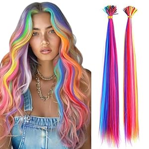 Rainbow Hair Extensions Kit I Tips Hair Extensions Kit 100 Strands 21″ I Tip Keratin Fusion Hair Extensions Kit Various Color, Include 100 Microbeads with Hook Tool(Multi-Colored)