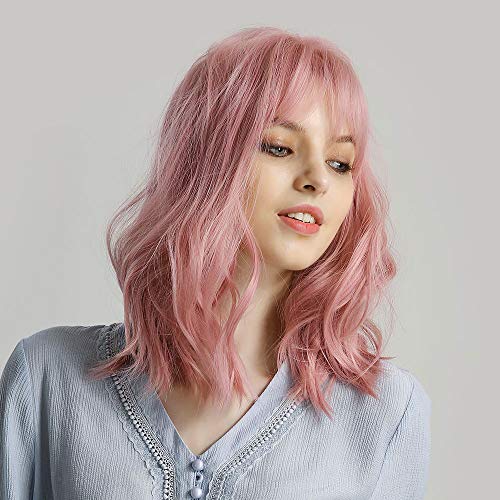 Pastel Pink Hair Wig for Women Girls 14" Short Synthetic Cosplay Wigs with Air Bangs Bob Curly Wavy Blend Wigs Shoulder Length Easter Christmas Halloween Costume Party Black Wig Cap Included