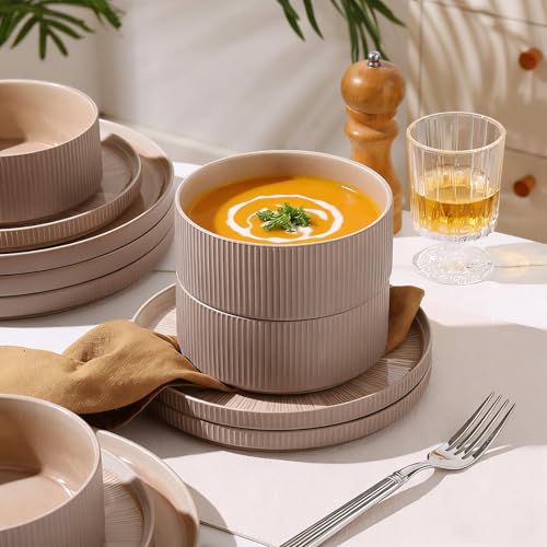 Image of Dinnerware Sets for 6, Ceramic Plates and Bowls Set 18 Piece Dinnerware Chip Resistant Stoneware, Dishwasher and Microwave Safe-Brown