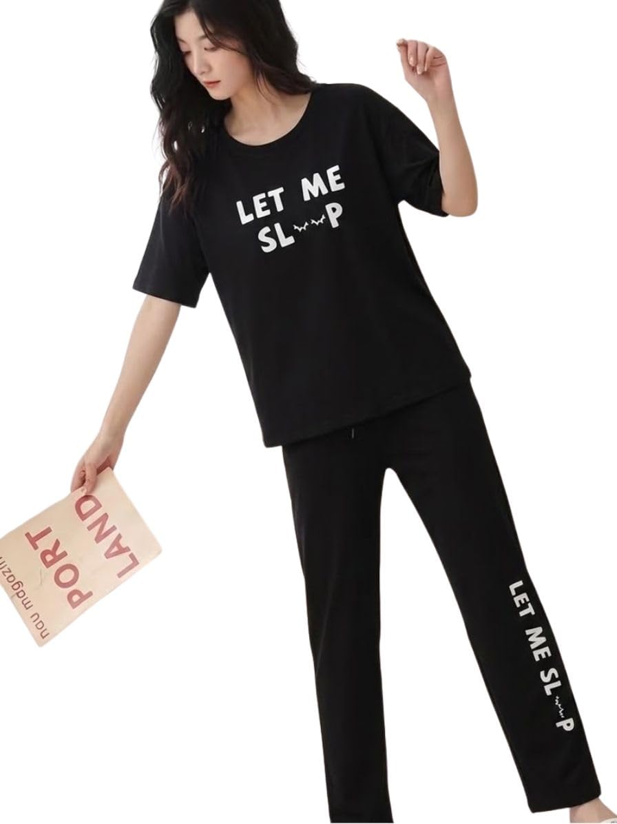 SMOWKLY Conjunto de pijama de dos piezas de mezcla de algodón de alta calidad con bonito estampado para mujer, camiseta elegante con pantalón de pijama, cómoda ropa de descanso