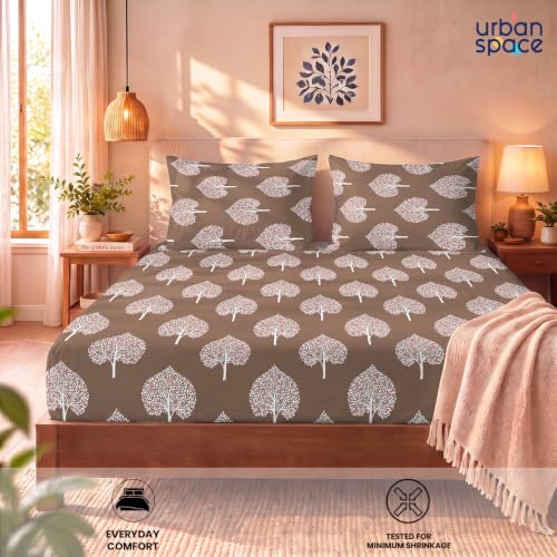 Image of Urban Space 144 TC Divine 100% Cotton Bedsheet for Double Bed with 2 Pillow Covers, Queen Bedsheet (Size 90 x 100 inches, Tarang Soft Brown, Double)
