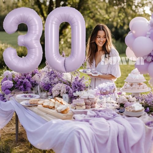 Image of SUWEN 40 Inch Light Purple Large 30 Balloon Number Big Foil Helium Lavender Number Balloons Huge Mylar 0-9 Giant Jumbo Happy 30th Birthday Party Anniversary Decorations