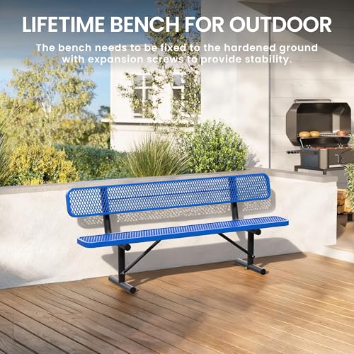 Image of 8FT Heavy Duty Park Bench with Back Portable Frame, Outdoor Steel Bench with Backrest, Outdoor Park Bench Expanded Metal Mesh Bench for Lawn, Park, Deck, Garden, Patio, Porch, Black (Blue, 8FT)