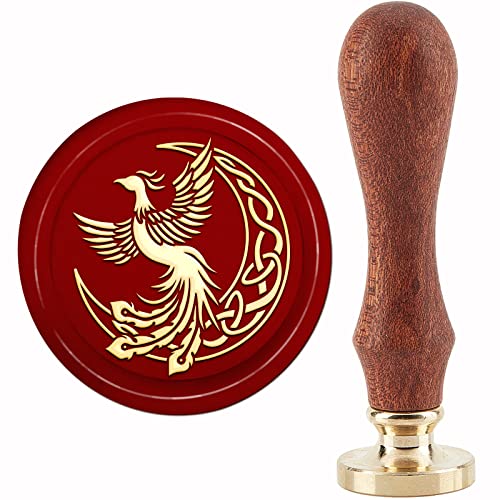 CRASPIRE Moon Wax Seal Stamp Phoenix Sealing Wax Stamp 30mm/1.18inch Removable Brass Head Sealing Stamp with Wooden Handle for Invitations Cards Gift Wrap