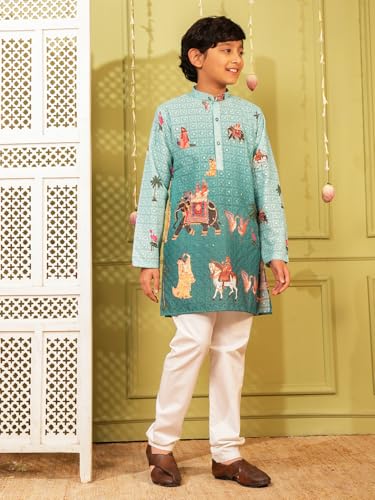 Image of AJ DEZINES Kurta Pajama For Kids Boys | Cotton Printed Chikankari Kurta Pyjama Set For Boys | Traditional & Festive Outfit | Party & Ethnic Wear | Stylish Kids Kurta Set