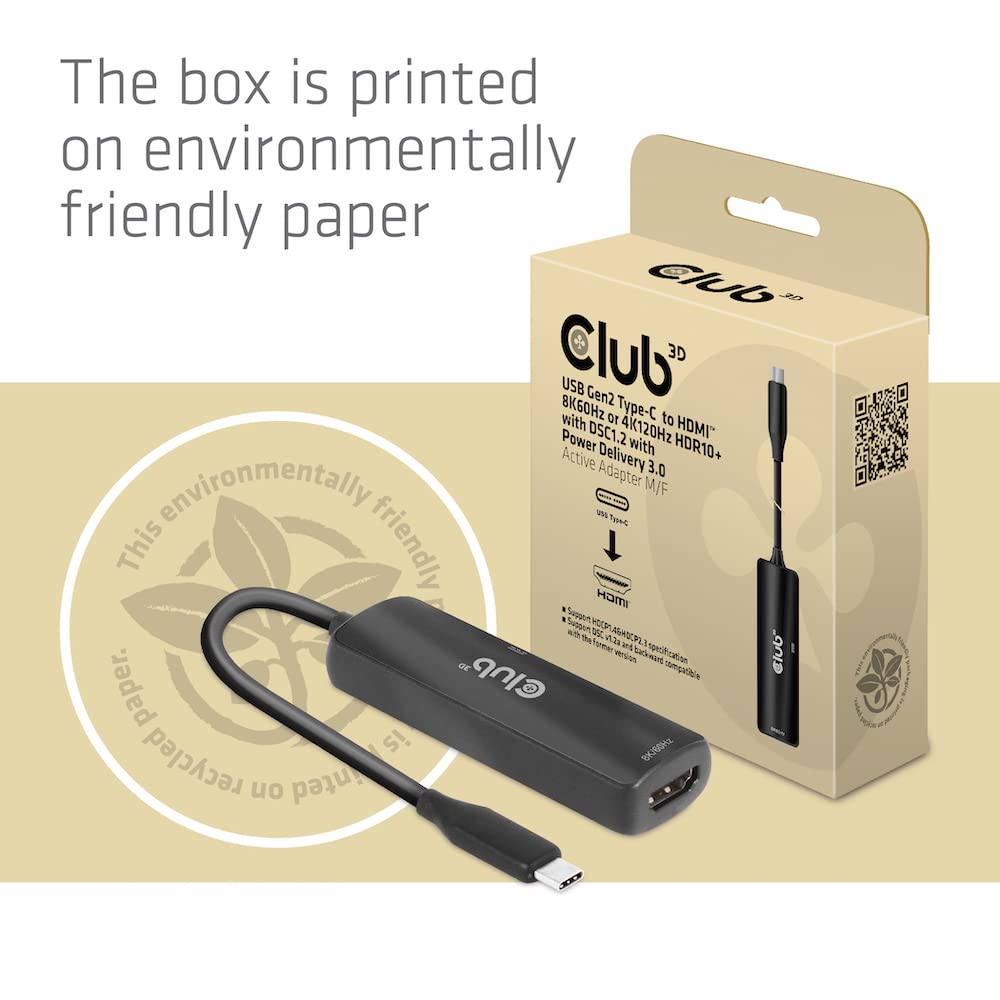 Club 3D CAC-1588 USB Gen2 Type-C a HDMI™ 8K60Hz o 4K120Hz HDR10, DSC1.2, Power Delivery 3.0 Adattatore attivo M/B.