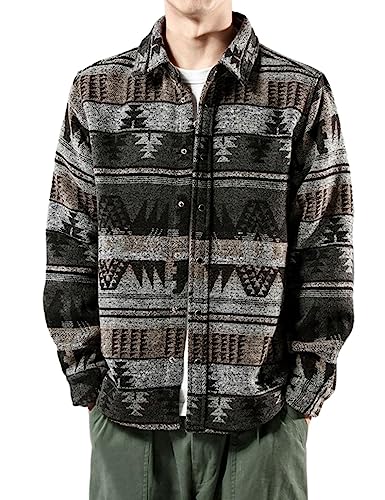 Image of FindThy Men's Brushed Flannel Shirts Ethnic Aztec Print Button Up Lapel Tribal Shirt Jacket Shacket