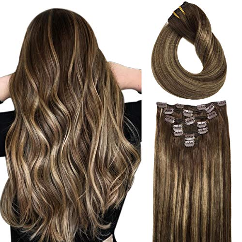 Doores 14 Inch Remy Human Hair Extensions Clip in Ombre Chocolate Brown to Light Blonde Real Clip in Hair Extensions Straight 120g 7pcs