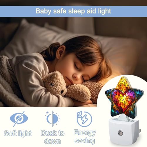 Image of Love Heart Stained Glass Night Lights Plug Into Wall,Abstract Star Night Light for Kids,Nightlight with Dusk to Dawn Smart Sensor for Bedroom Bathroom Decor,Children Women Men Gift
