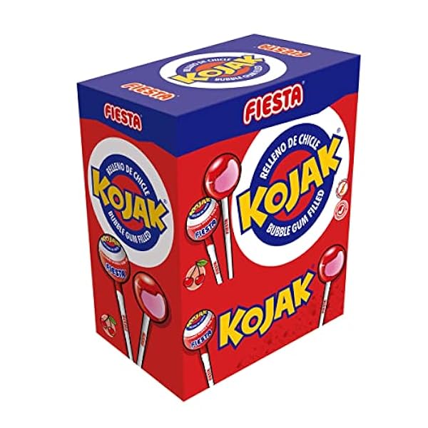 FIESTA Kojak Caramelo con Palo Sabor Cereza Relleno de Chicle - Caja de 100 unidades & Kojak Caramelo con Palo Sabor Cola Relleno de Chicle - Caja de 100 unidades