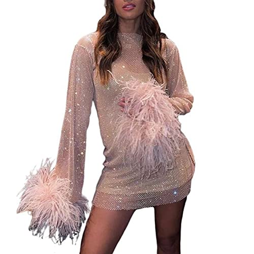 TENZHVXI Damen Mesh Cutout Cover Up Club Beach Feder Langarm Badeanzug Cover Up Kleid Cover
