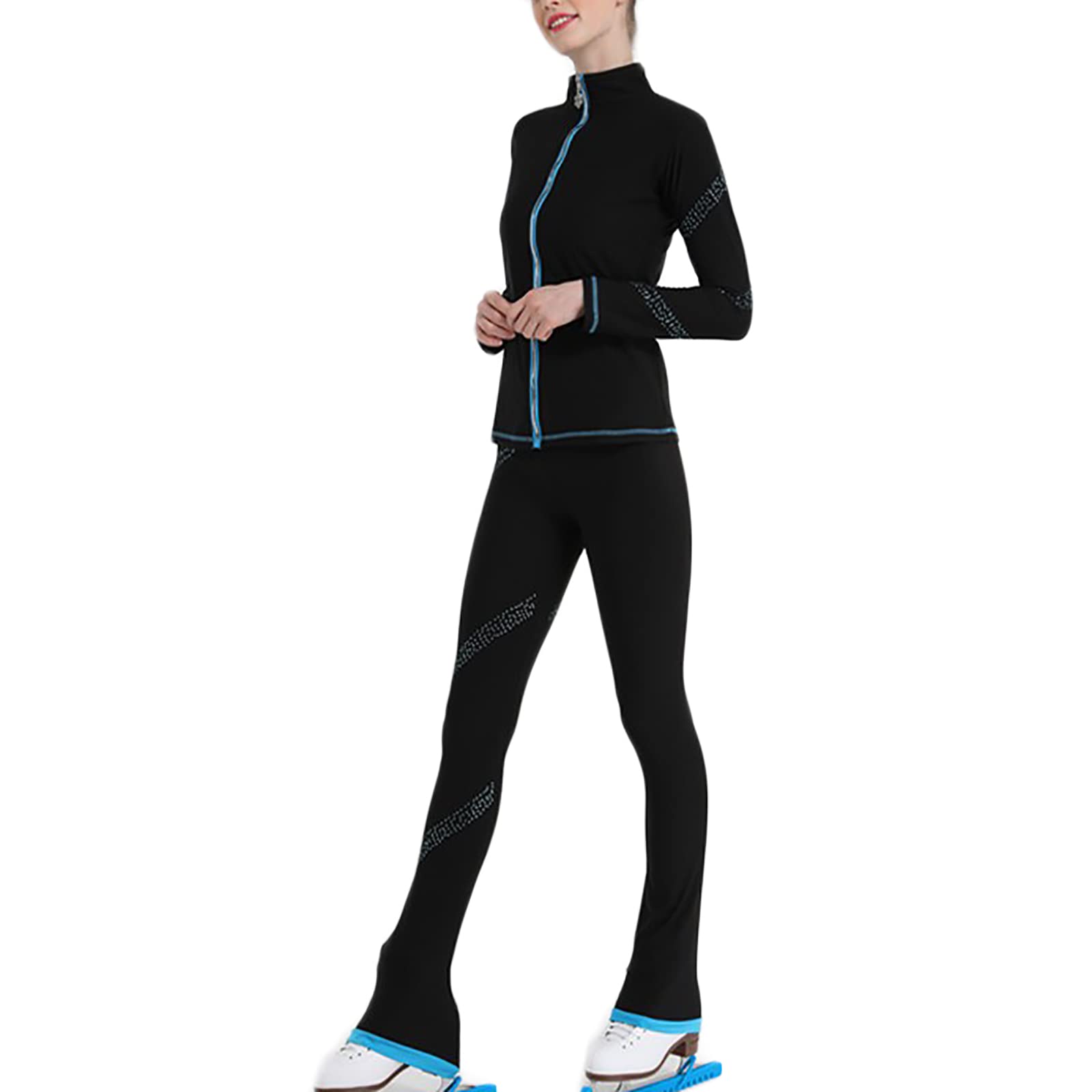 Pantalones de Patinaje Artístico con Diamantes de Imitación, Conjuntos de Chaquetas, Ropa de Actuación para Niñas y Niños, Pantalones de Patinaje sobre Hielo(Size:XXL,Color:Azul)