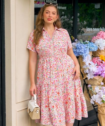 Image of CARCOS Plus Size Dresses for Curvy Women Collared Vneck Short Sleeve Dresses Midi Summer Ruffle Dress with Pocket XL-5XL