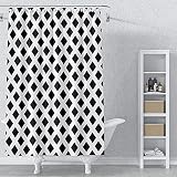 AWERT 90x183cm Negro Geométrico Cortina De La Ducha Patrón De Cuadrícula De Diamante Cortina De Ducha para Baño Impermeable Tejido De Poliéster Conjunto con Ganchos