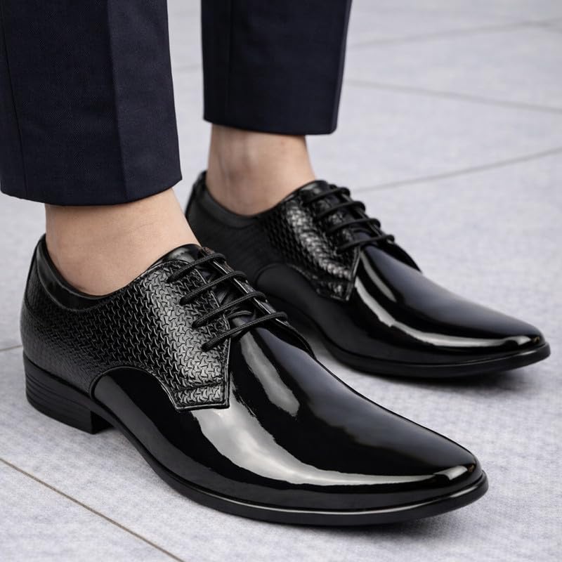 Image of FAUSTO Men's Patent Leather Shine Textured Pointed Toe Party Wedding Lace Up Derby Shoes