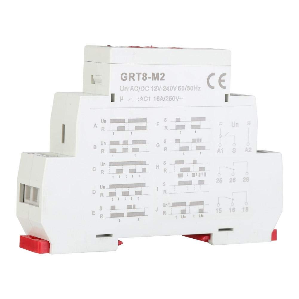 Multifunction Time Relay Walfront GRT8-M2, 10 Functions, DIN Rail Mount 35mm, Delay Time Relay AC/DC 12V-240V, Normally Open/Normally Closed Contacts, Automatic Operation, 10A, 1.7W