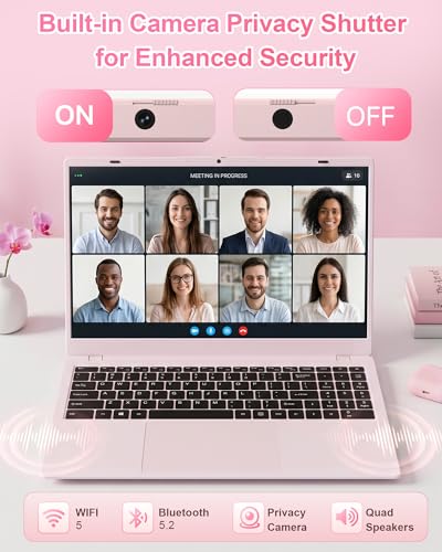 Image of 15.6 Inch Pink Laptop Computer, 12GB RAM 256GB SSD, FHD IPS Display, Pentium Gold 6500Y, Lightweight Student Laptop for School, Work & Everyday Use, Portable Laptop with USB-C HDMI WiFi