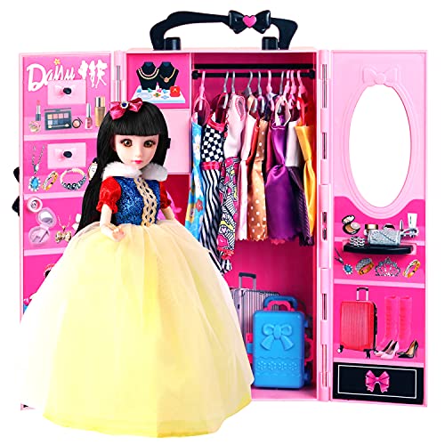 UCanaan Doll Closet Wardrobe 51 Pcs for 11.5 inch Girl Doll Clothes and Accessories Include Fashion Doll, Dresses, Shoes, Bags, Hangers and Stand, Xmas Gift for 3+ Years Old (Snow White)