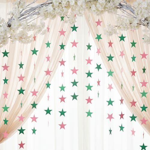 Image of Patelai 130 Feet Glitter Star Garland Banner 2026 Party Decoration Double Side Star Hanging String Streamer Paper Twinkle for Graduation Wedding Birthday (Pink and Green)