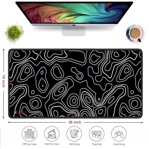Image of Black Contour Line Mouse Pad 18x36 Inch 3mm Extended Gaming Desk Mat with Anti-Slip Rubber Base Mousepad for Smooth Surface Desk pad for PC & Laptop Use Waterproof & Stiched (Black /White)Deskpad