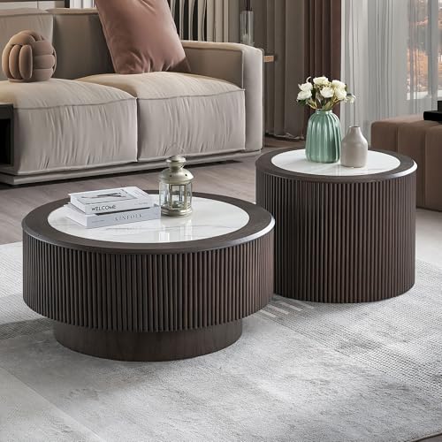 KEIKI Modern MDF Coffee Table Set of 2, Faux Marble Pattern MDF Round Coffee Table with Poly Relief & Sturdy Pedestal, No Assembly Required, for Living Room, Bedroom, Reception Room, Dark Brown