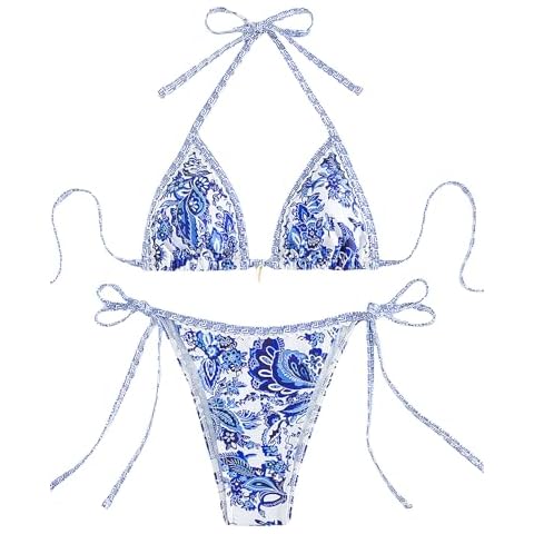 Tainehs Women's Sexy Halter Bikini Set Triangle Top Thong Bikini Swimsuits Cheeky Two Piece Bathing Suit China Blue Cover