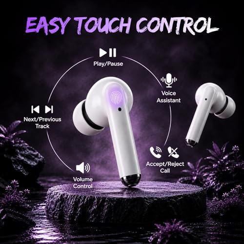 Image of Umake Bluetooth 5.4 TWS Earbuds with ENC HD Calling Mic, Deep Bass Audio, Touch Sensor Controls, Fast Charging Case, IPX5 Sweat Resistant, Low Latency Gaming Earbuds - White