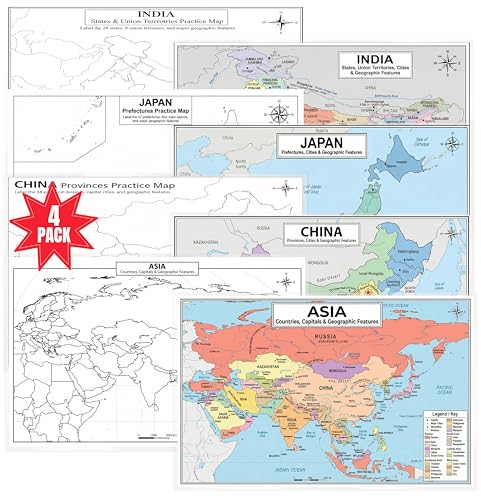 JELLY BEAN GENIUS Asia, China, Japan & India 4 Piece Map Poster Set – 11x17 Laminated Dry Erase Study Maps | Double-Sided Geography Maps with Blank Outline Back | Homeschool & Classroom Learning